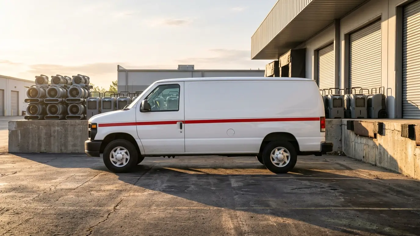 A white service van with a red stripe parked in a clean yard at sunrise with stacks of air movers and dehumidifiers on a loading dock behind it