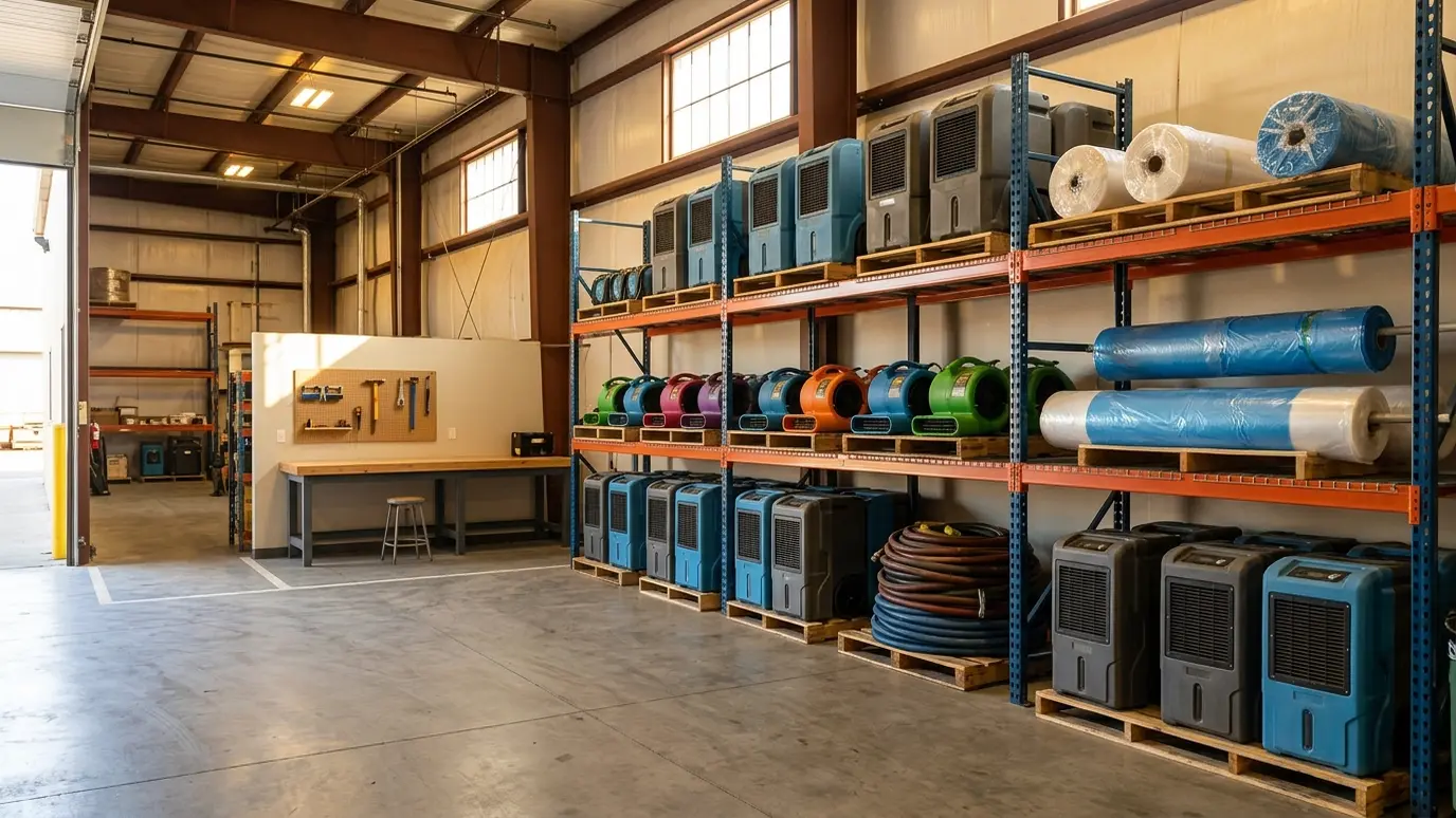 A tidy equipment depot with pallets of dehumidifiers, air movers, hoses and plastic sheeting rolls on shelves, a clean workbench and warm light
