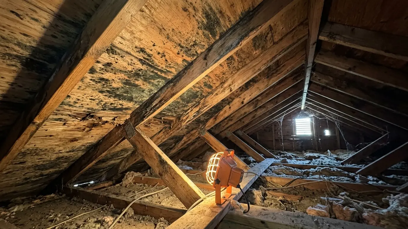 Before: an attic with dark mold growth across the roof sheathing and rafters