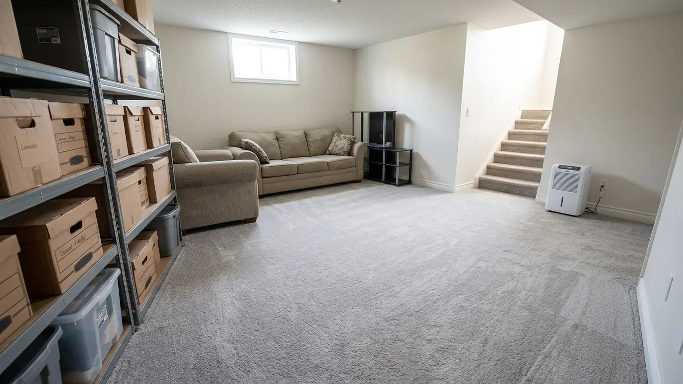 After: Flooded basement dried | Music City Remediation After: a finished basement with a dry, clean floor with new flooring and a dehumidifier in the corner