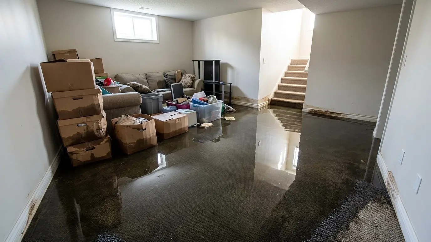 Before: a finished basement with standing water, wet carpet edges and soaked boxes