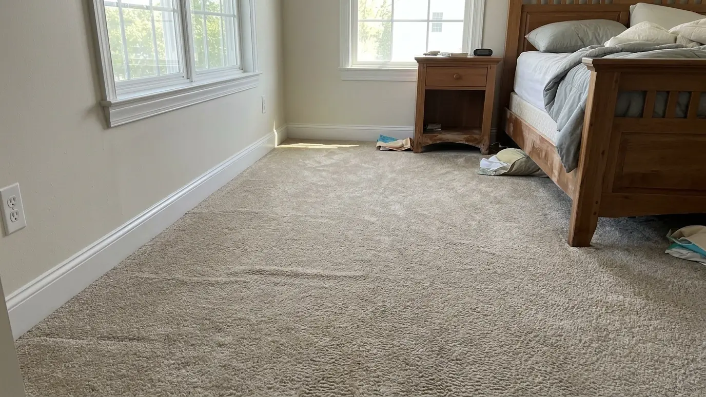 After: a bedroom with clean, dry new carpet and a clean baseboard