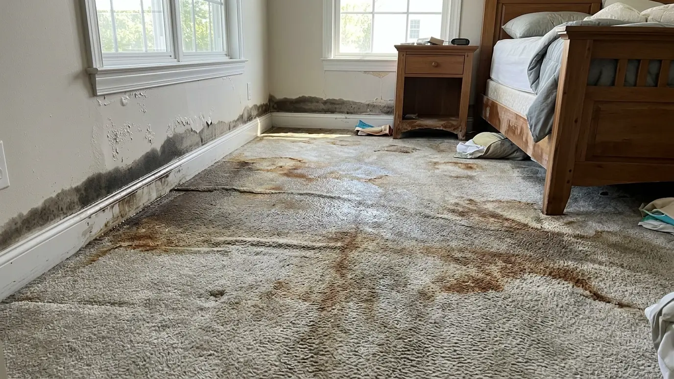 Before: a bedroom with soaked, stained carpet and a dark water line along the baseboard
