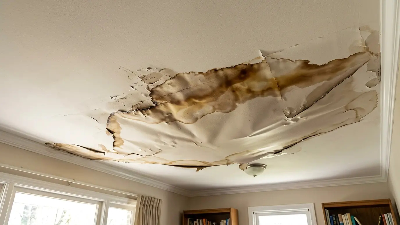 Before: a living room ceiling with a large brown water stain and sagging drywall