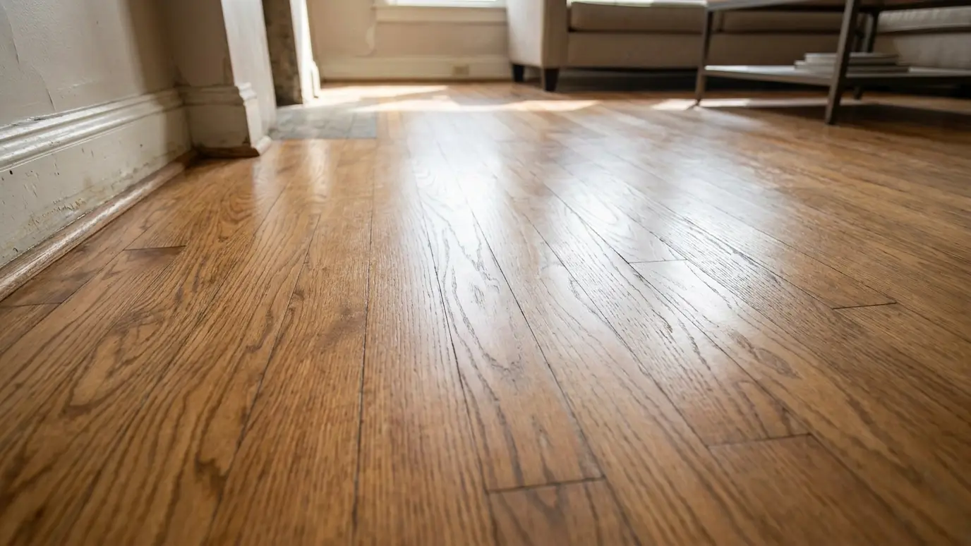After: Hardwood floor refinished | Music City Remediation After: a living room floor with flat refinished hardwood with an even warm finish