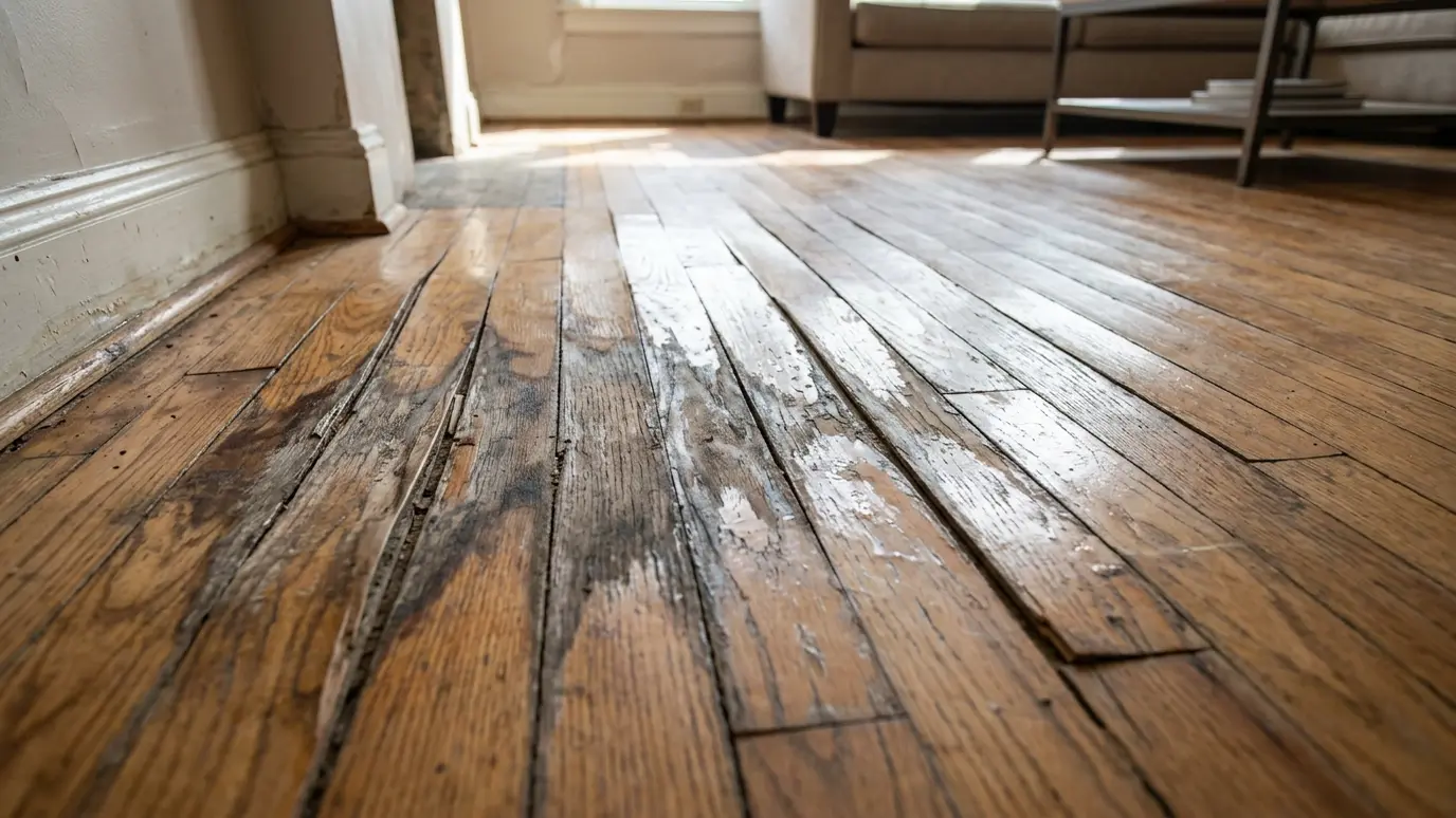 Before: a living room floor with cupped, warped boards with a dark water stain