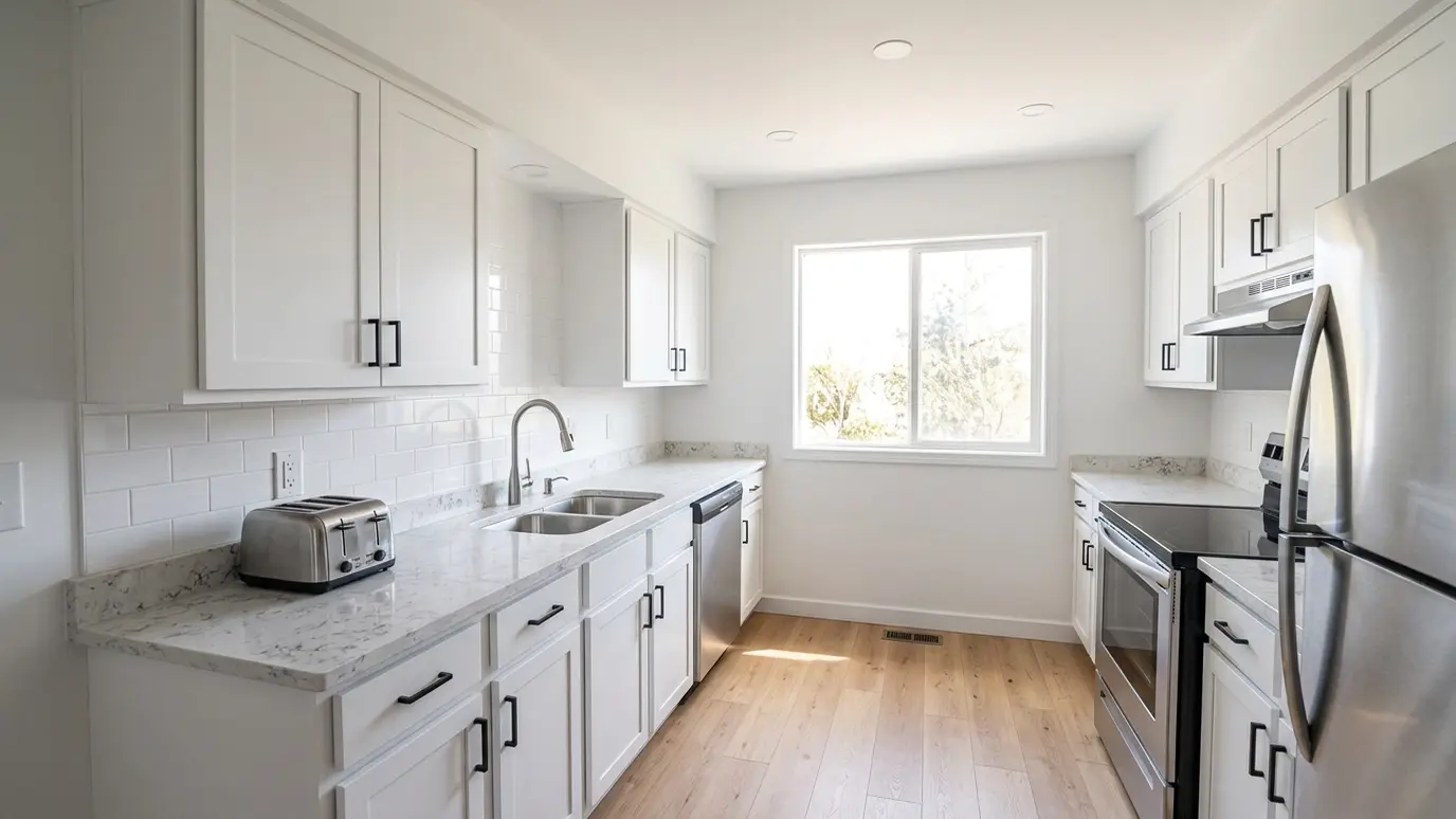 After: Kitchen fire restored | Music City Remediation After: a residential kitchen with clean white walls, new cabinets and countertops