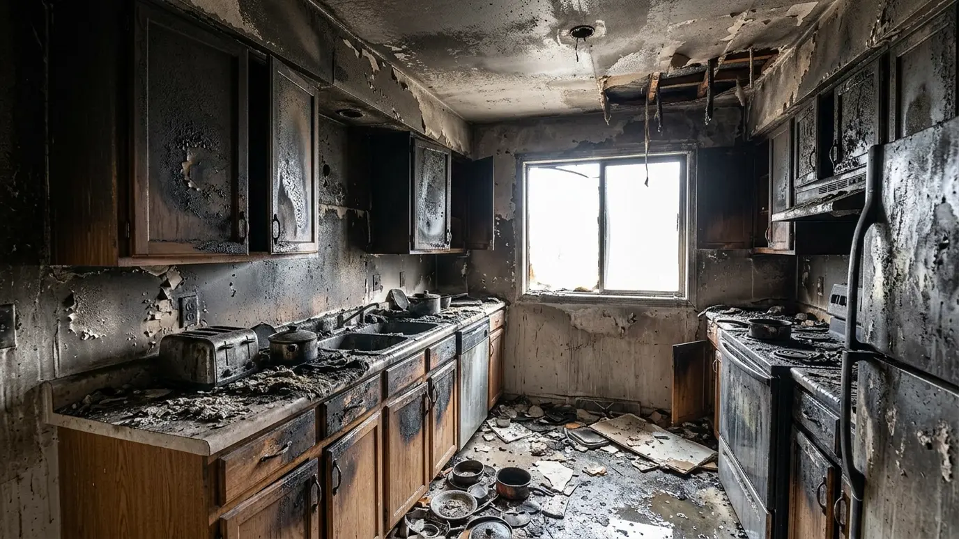 Before: a residential kitchen with black soot on the walls, ceiling and cabinets and a charred countertop