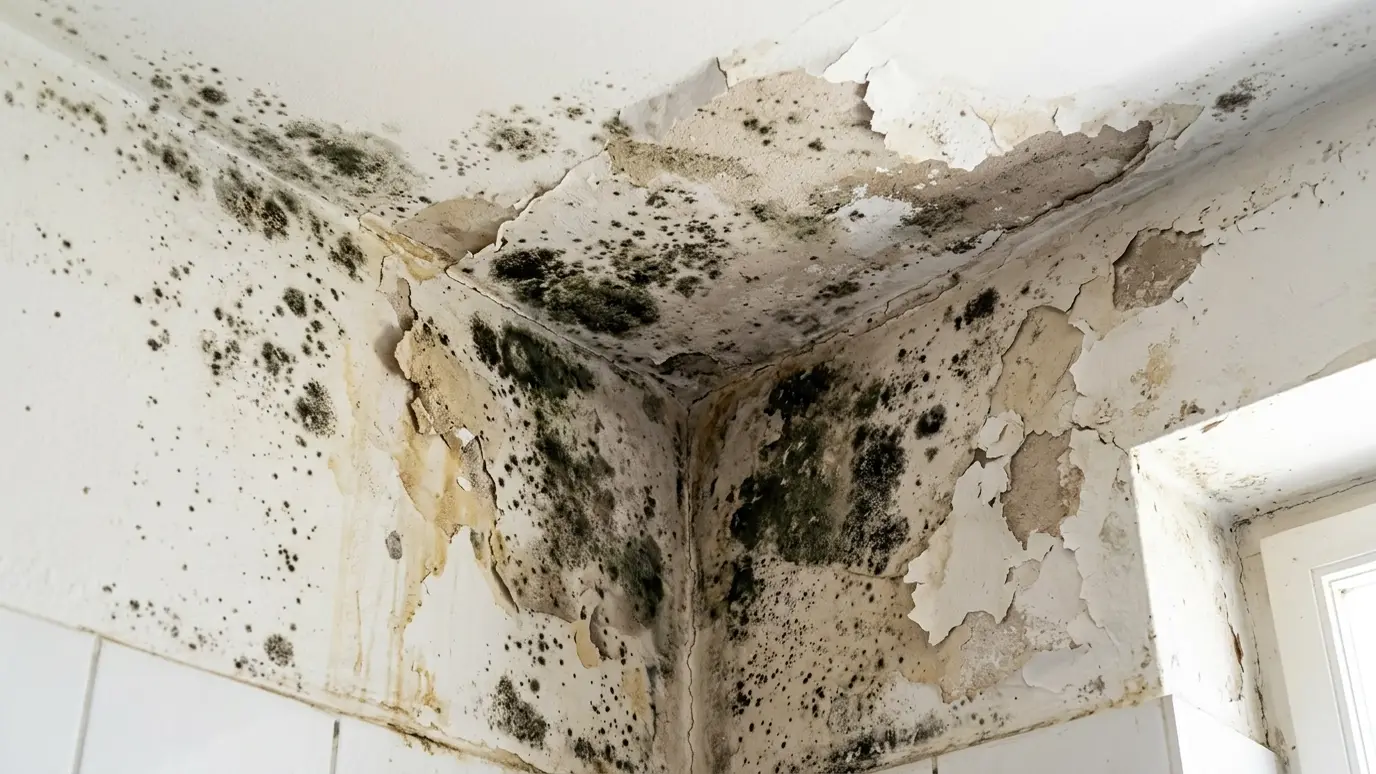 Before: a bathroom corner with dark mold spots and peeling paint