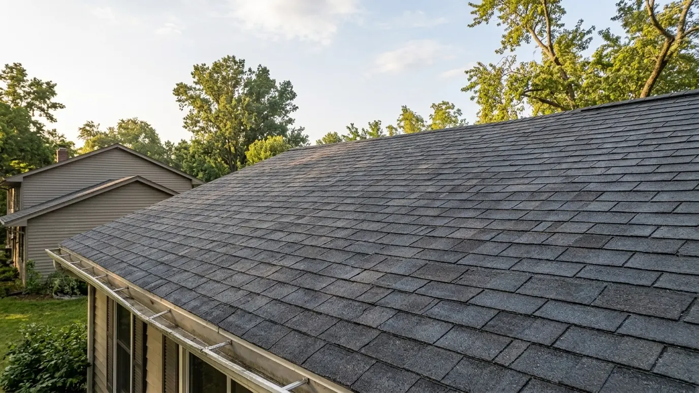 After: Storm roof damage repaired | Music City Remediation After: a house roof with a repaired roof with new shingles under a clear sky