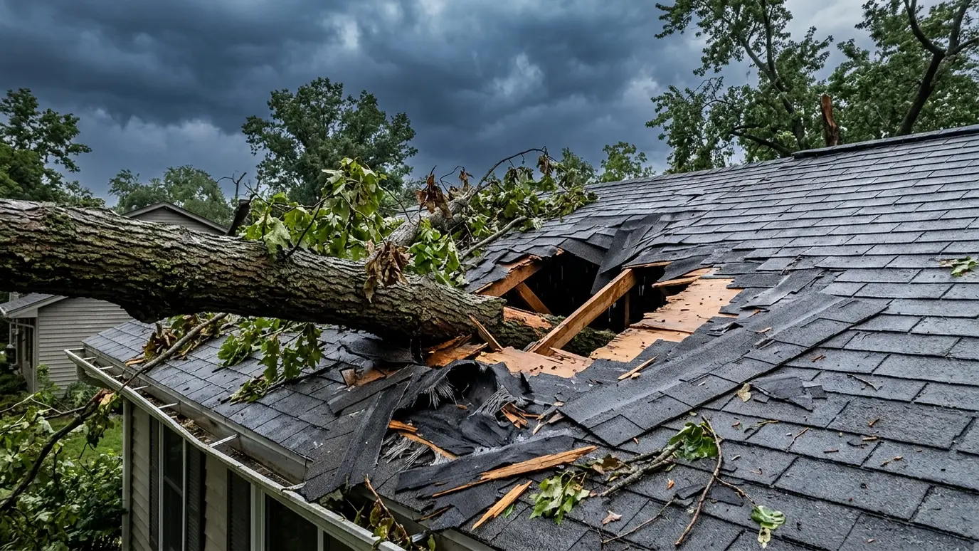 Before: a house roof with a tree limb through a hole in the shingles under a stormy sky