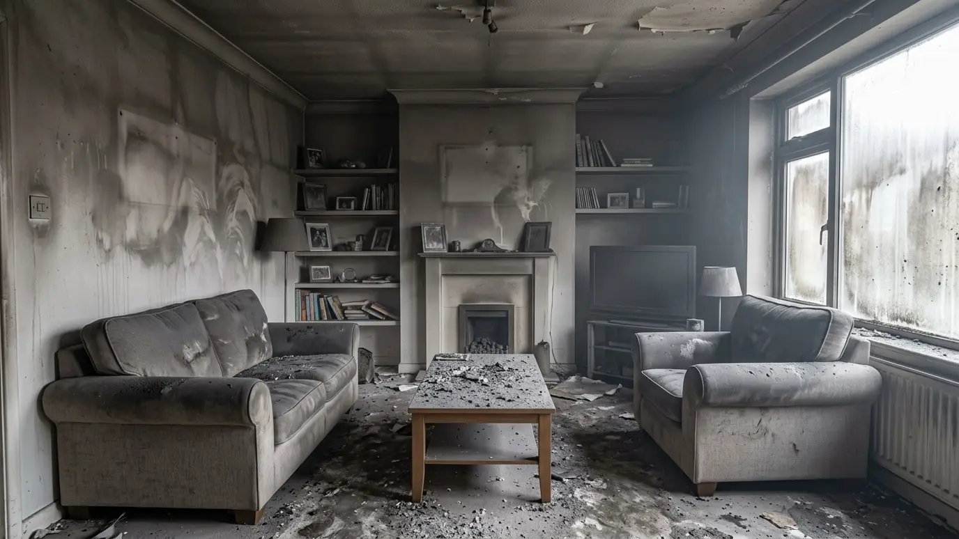 Before: a living room with walls and furniture covered in a gray smoke film