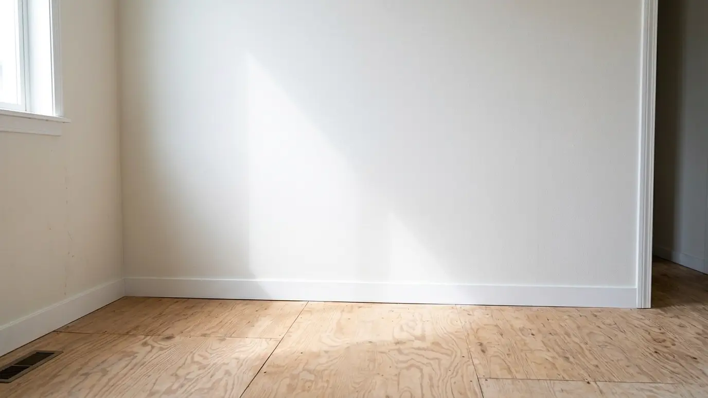 After: Burst pipe wall rebuilt | Music City Remediation After: an interior wall with new smooth painted drywall, a clean baseboard and a dry floor