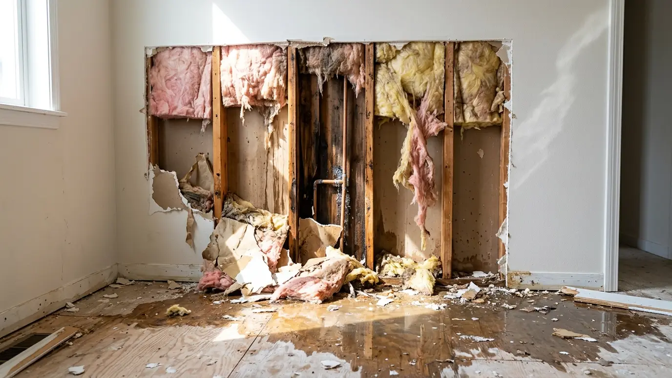 Before: an interior wall with a wall opened to the studs with wet insulation and water on the floor