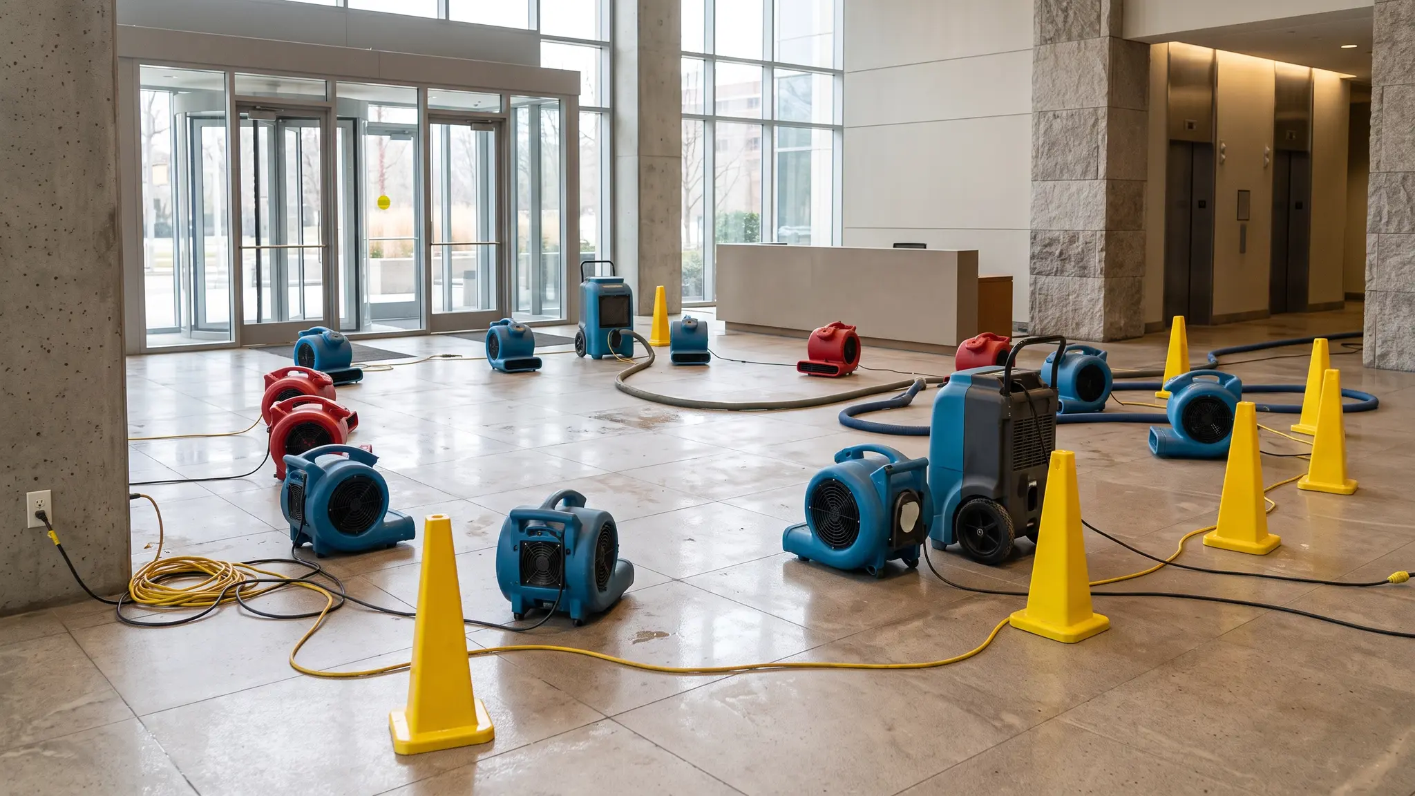 A commercial building lobby after a water loss with air movers and dehumidifiers drying the floor, wet-floor cones and glass doors