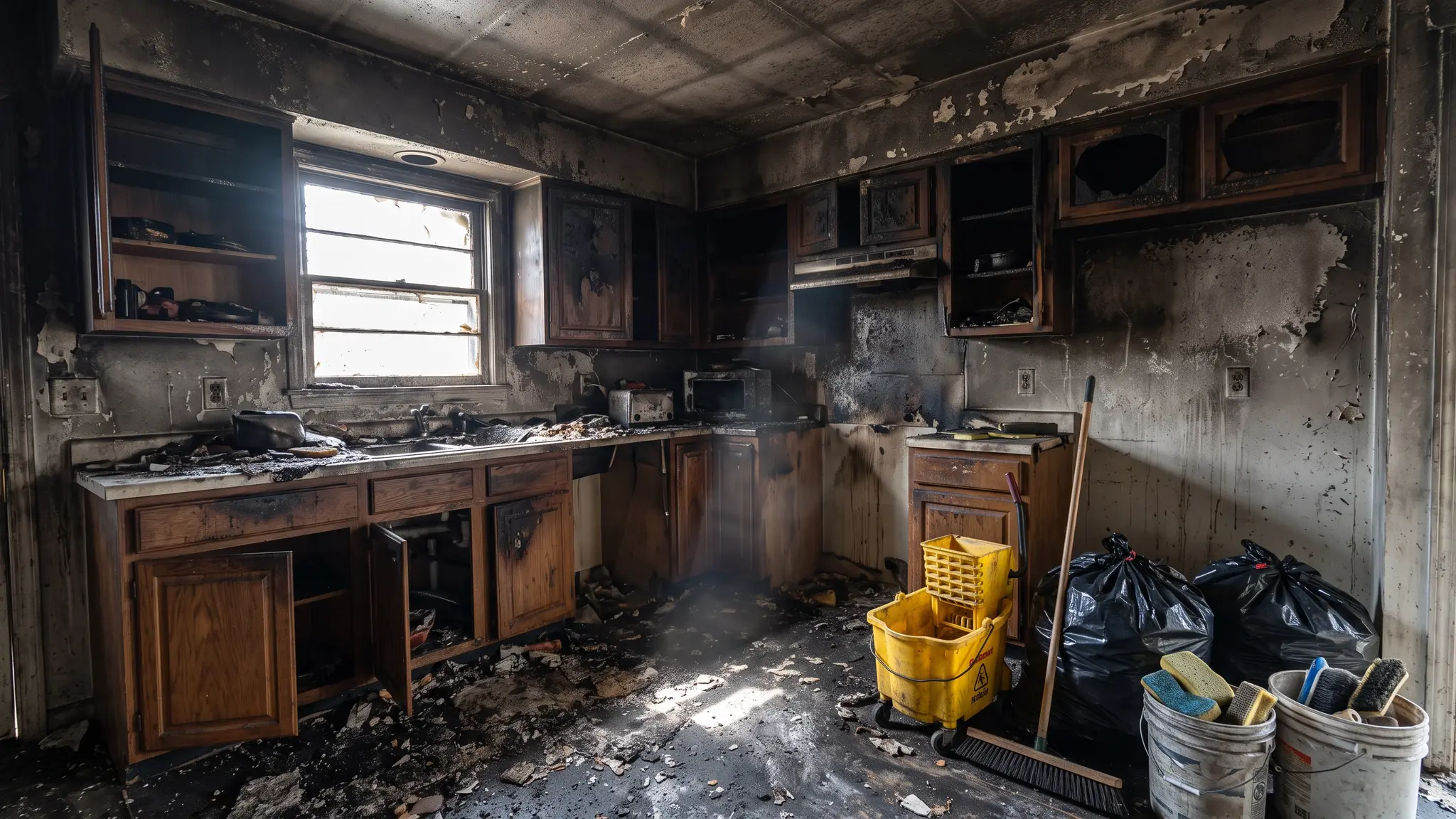 Fire and smoke | Music City Remediation The inside of a house kitchen after a fire with soot-darkened walls and ceiling and daylight through a window