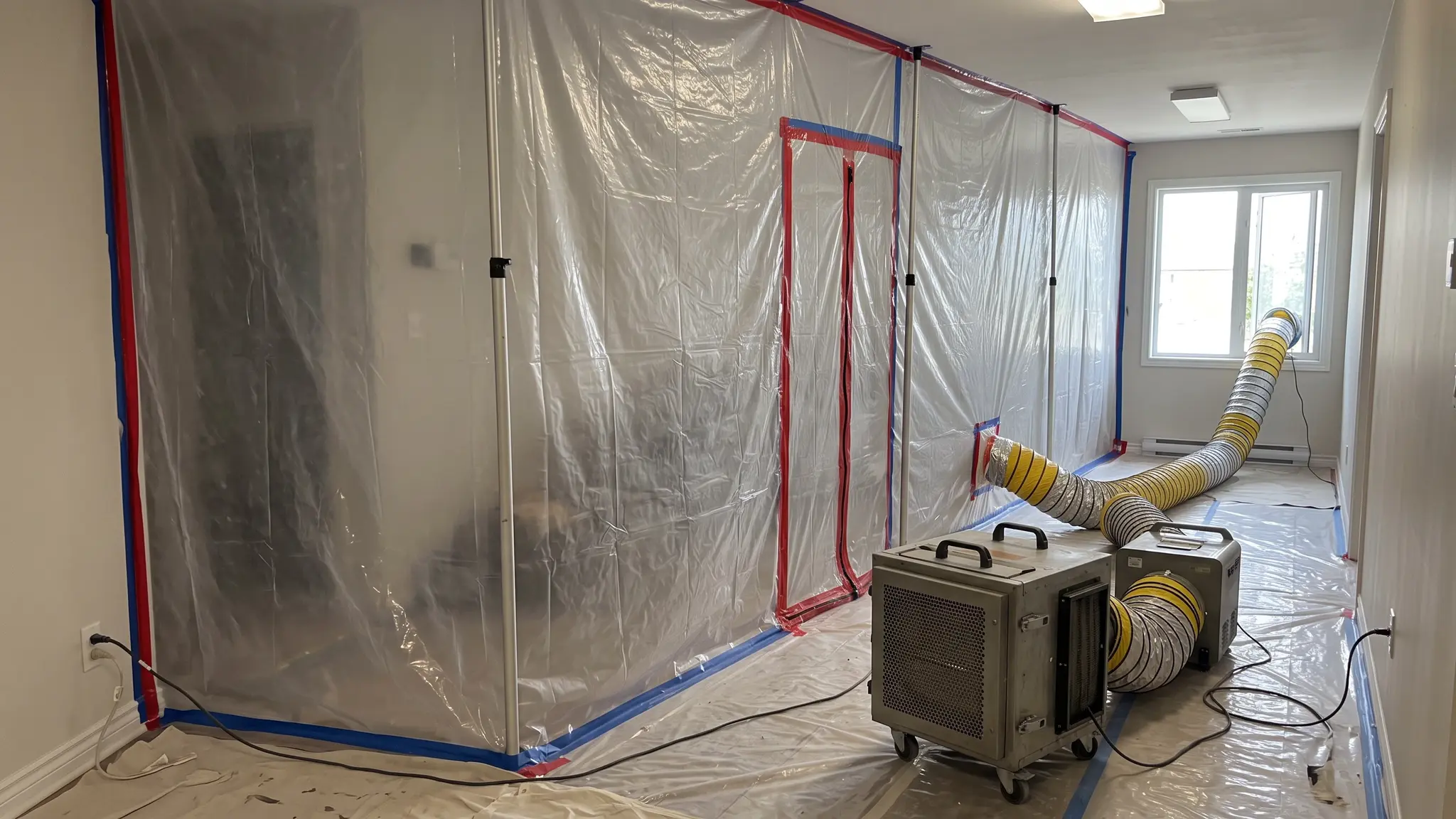Mold remediation | Music City Remediation A hallway sealed with clear plastic containment sheeting with a HEPA air scrubber and negative air machine running