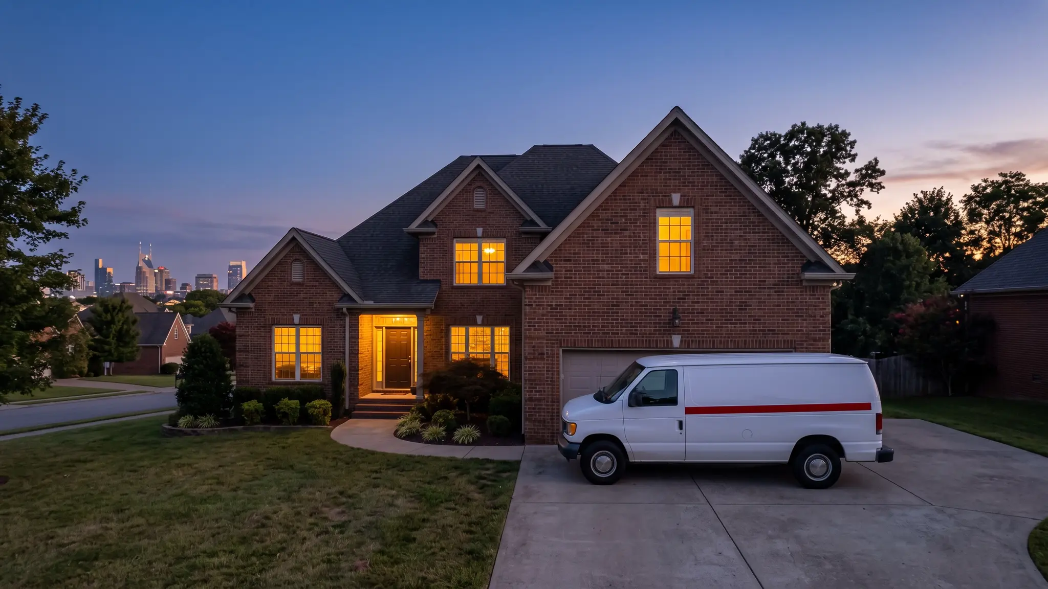 Music City Remediation | Emergency restoration in Nashville, TN A suburban Tennessee brick home at dusk with warm lights in the windows and a white service van with a red stripe in the driveway, the Nashville skyline in the distance