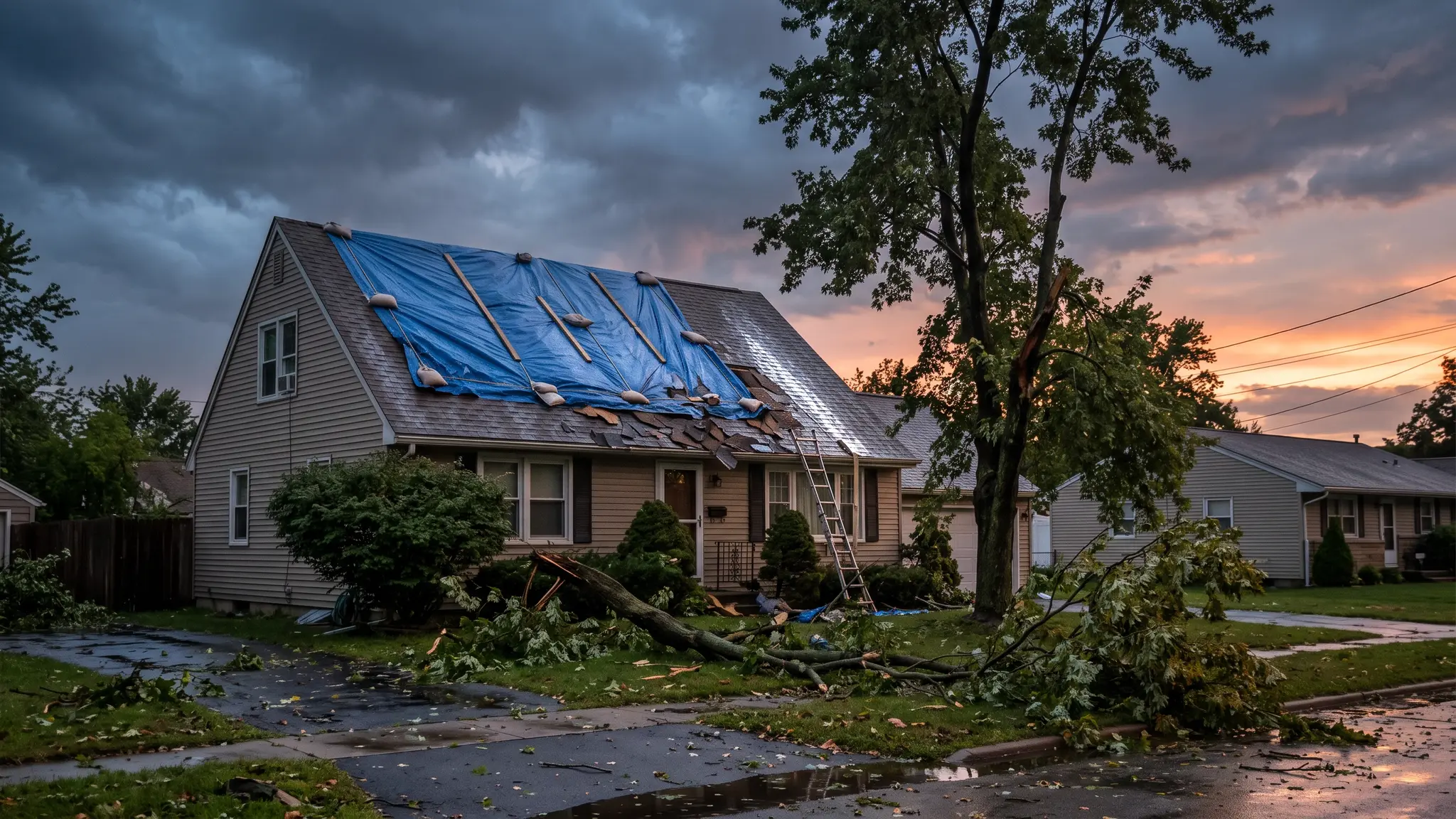 A suburban house roof after a severe storm with a blue tarp over a damaged section and clearing clouds at dusk