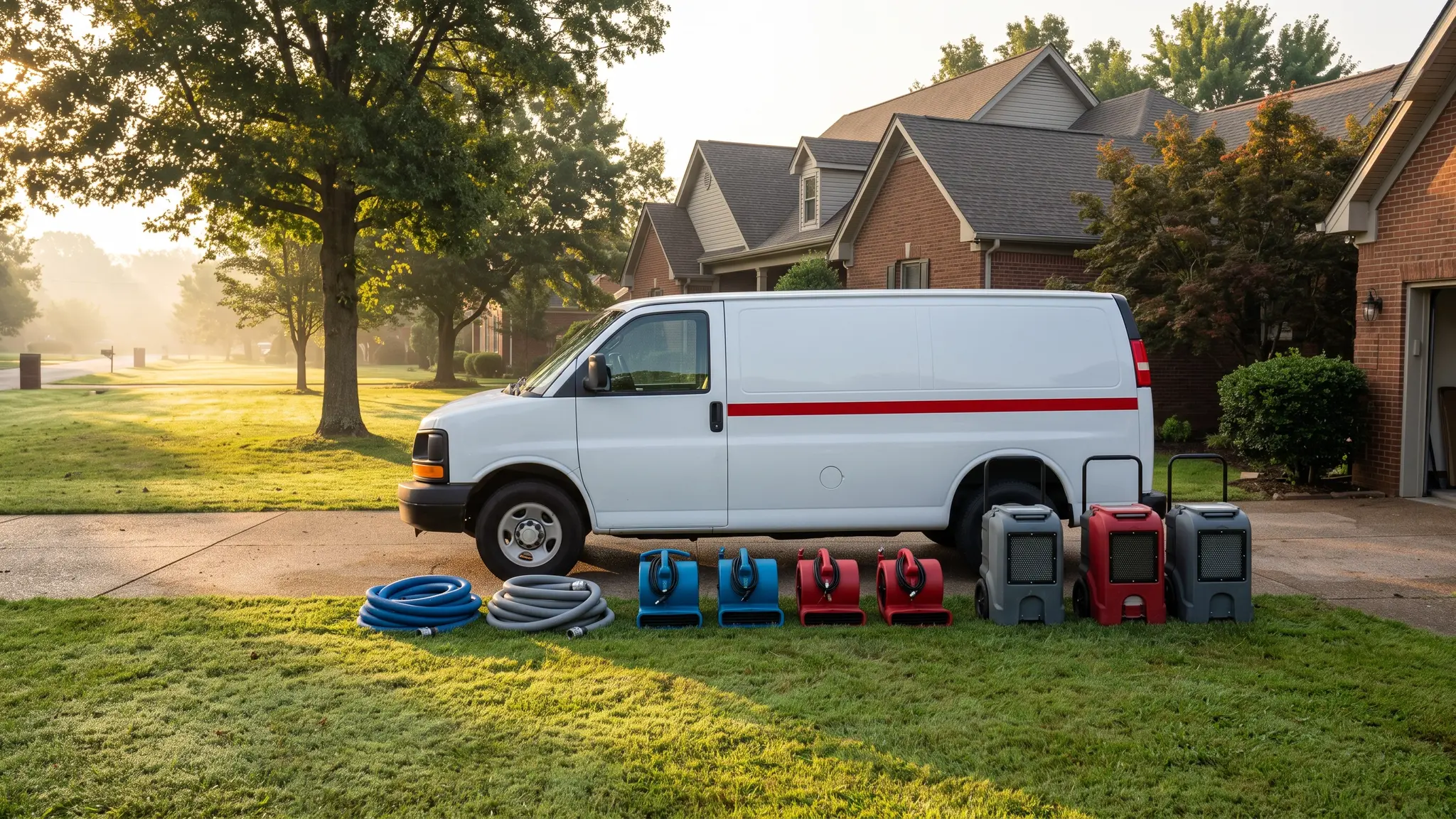 A white service van with a red stripe backed up to a suburban Tennessee house at sunrise with hoses, air movers and dehumidifiers staged on the lawn