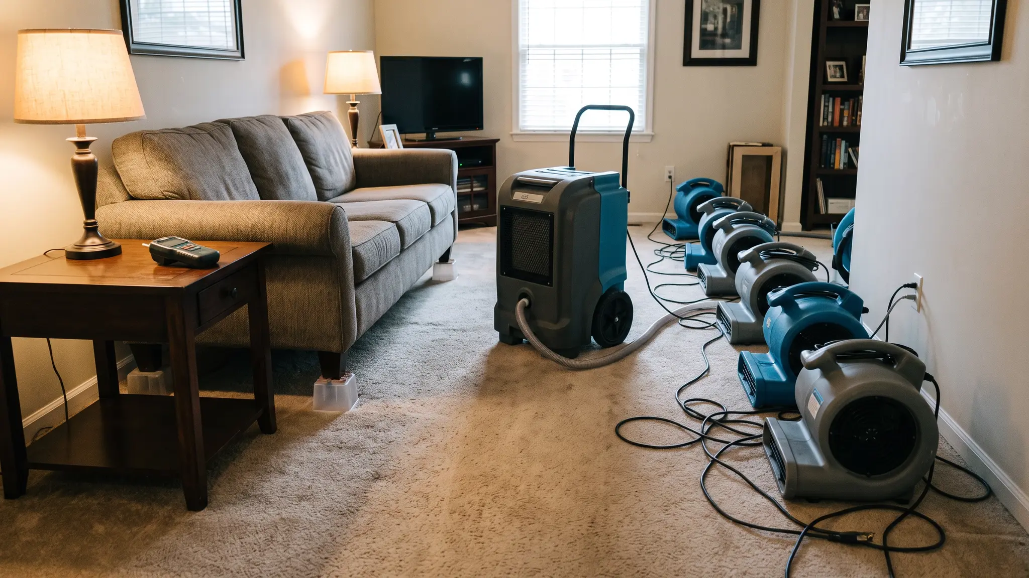 Water damage | Music City Remediation A living room after a water loss with air movers and a dehumidifier drying the carpet in warm lamp light