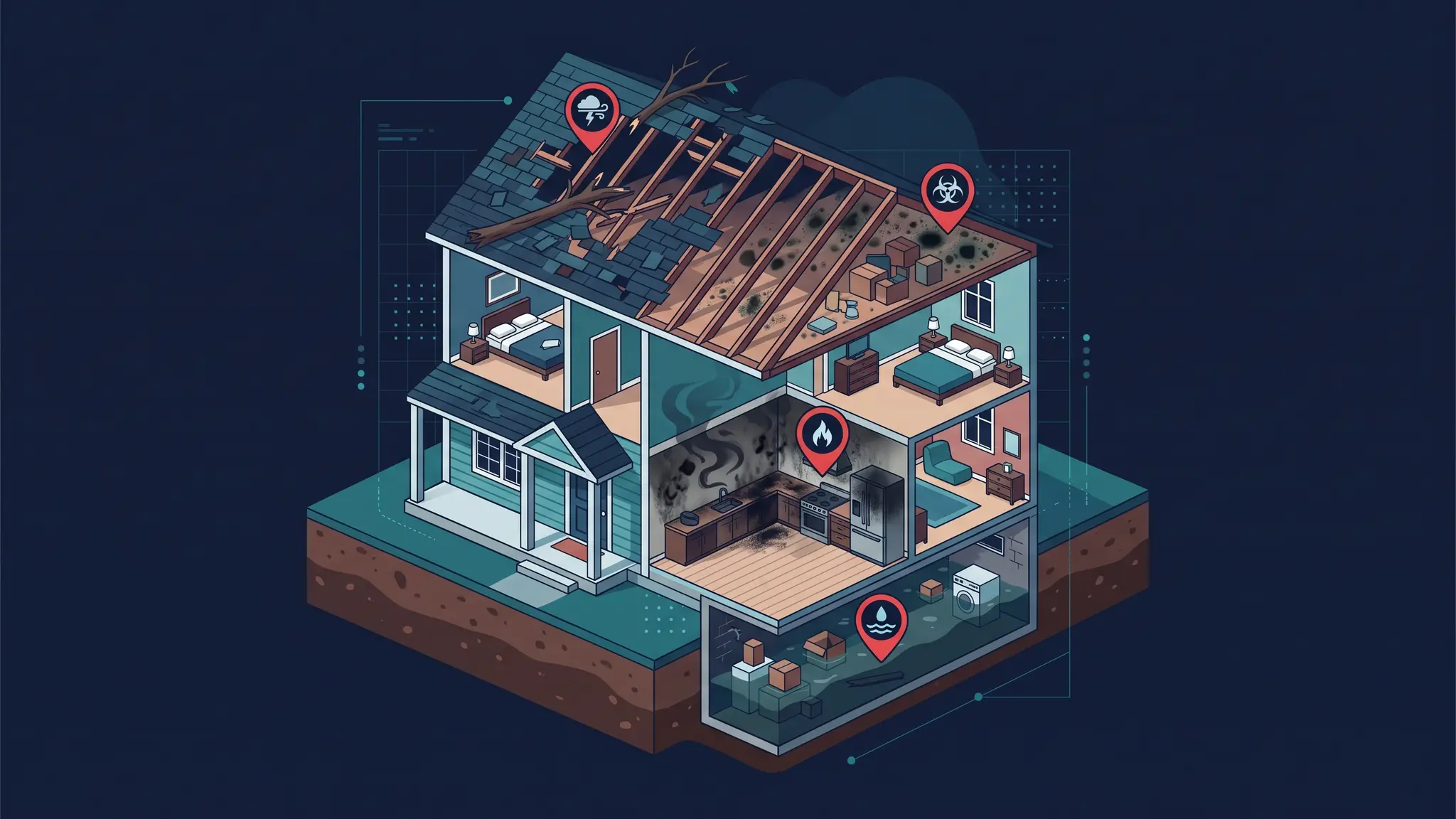 A cutaway illustration of a Tennessee two-story house showing a flooded basement, a smoke-damaged kitchen, a moldy attic and a storm-damaged roof with small marker icons, in blue and red tones