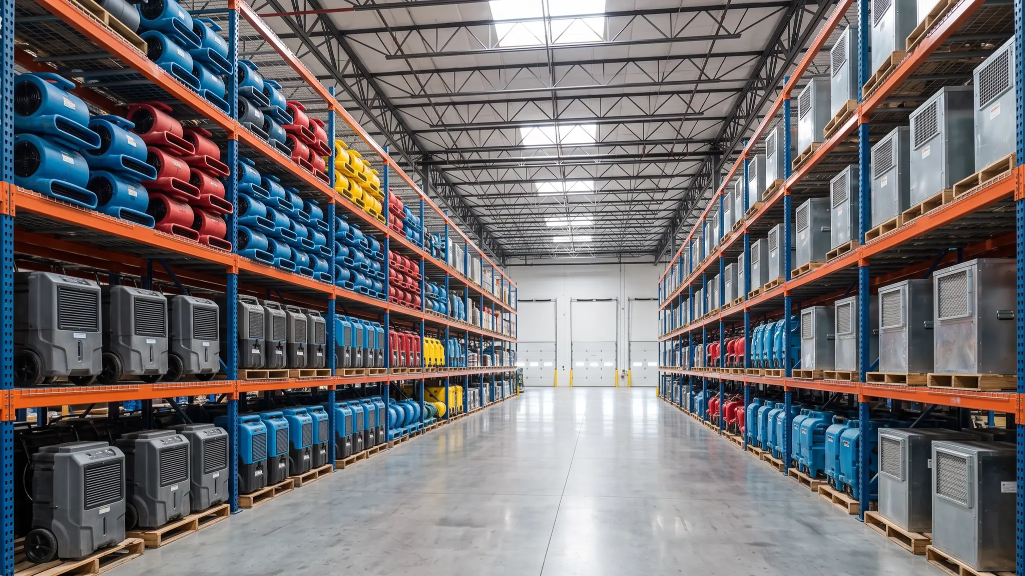 A restoration equipment warehouse with rows of stacked air movers, dehumidifiers and air scrubbers on shelves