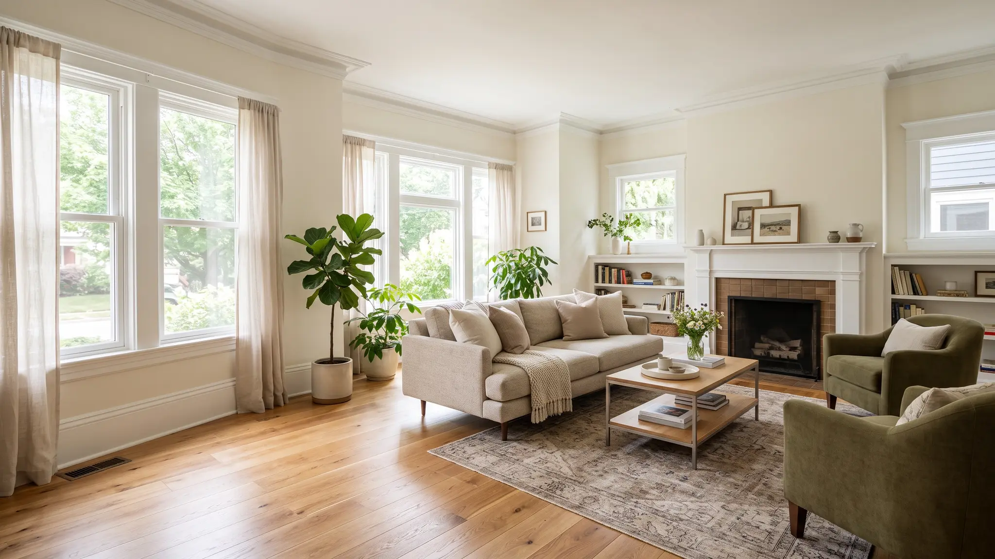 A beautifully restored living room with fresh paint, new hardwood floors, a sofa and soft daylight from large windows