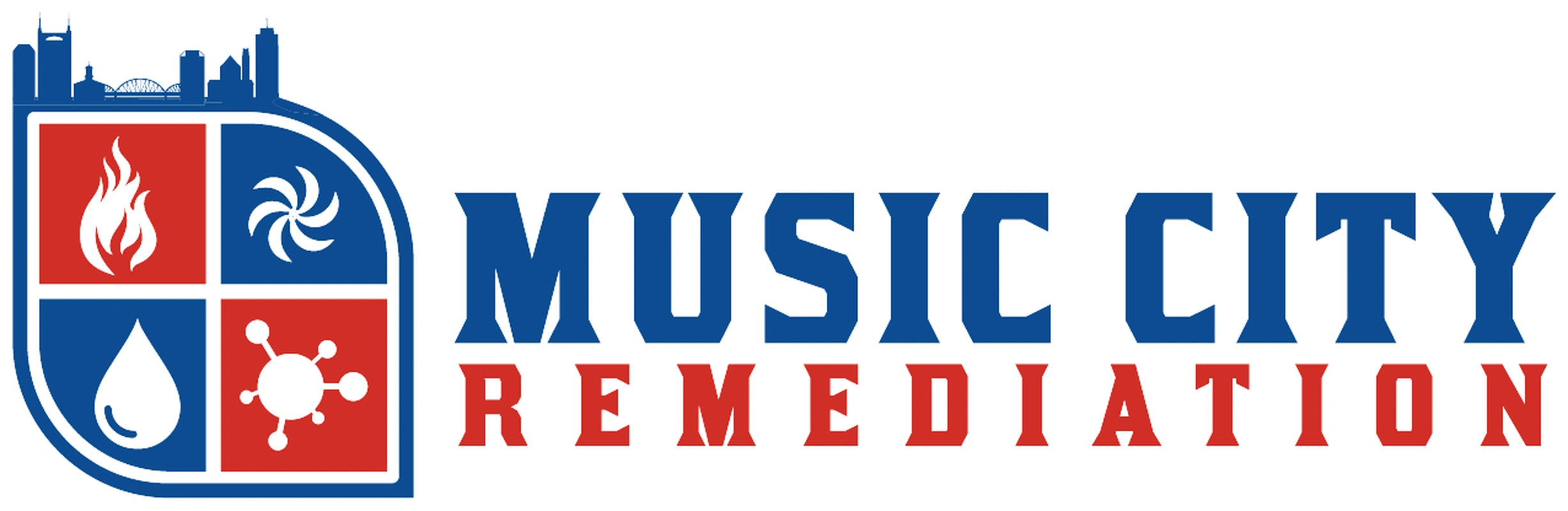 Music City Remediation logo: a badge of four squares showing a flame, a fan, a water drop and a mold spore under a blue Nashville skyline, with the words Music City in blue and Remediation in red