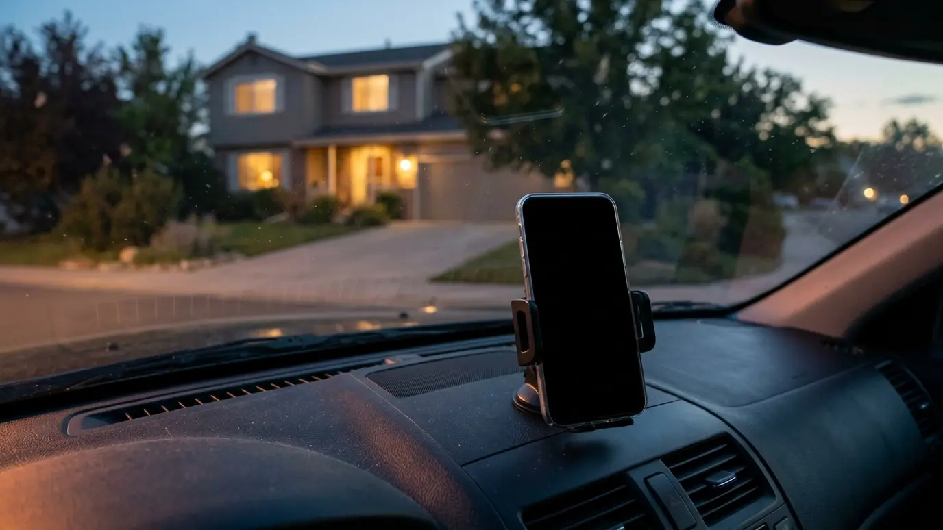 Call us A smartphone on a vehicle dashboard with a blank screen and a suburban house visible through the windshield at dusk