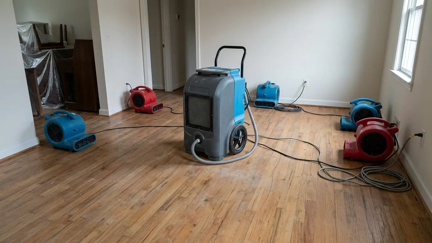 Dry and clean Several air movers arranged along the walls of a room with a dehumidifier in the center drying a hardwood floor