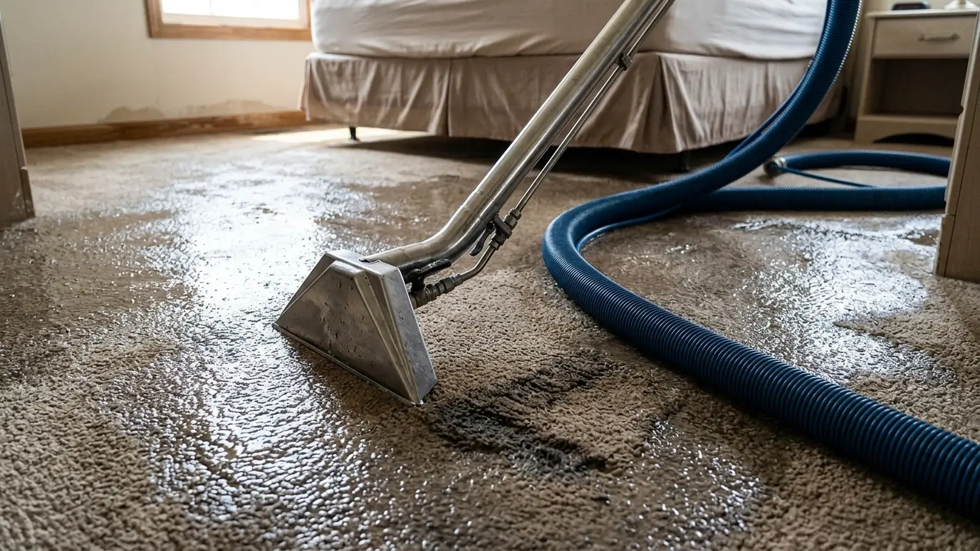 Stop the damage A water extraction wand and wet vacuum hose on a soaked carpet in a bedroom