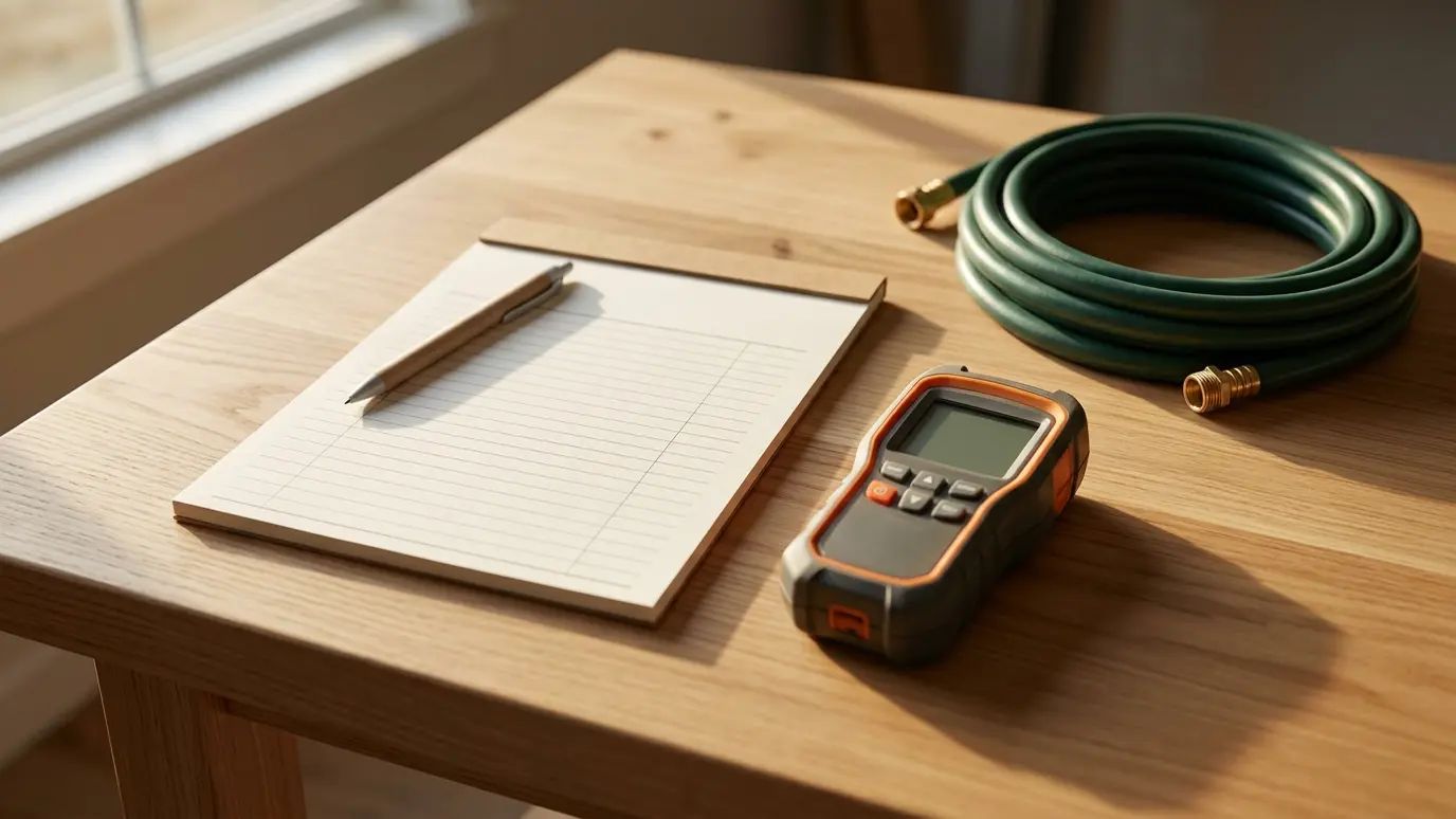 Monitor daily A blank estimate pad and a pen on a clean table beside a moisture meter and a coil of hose