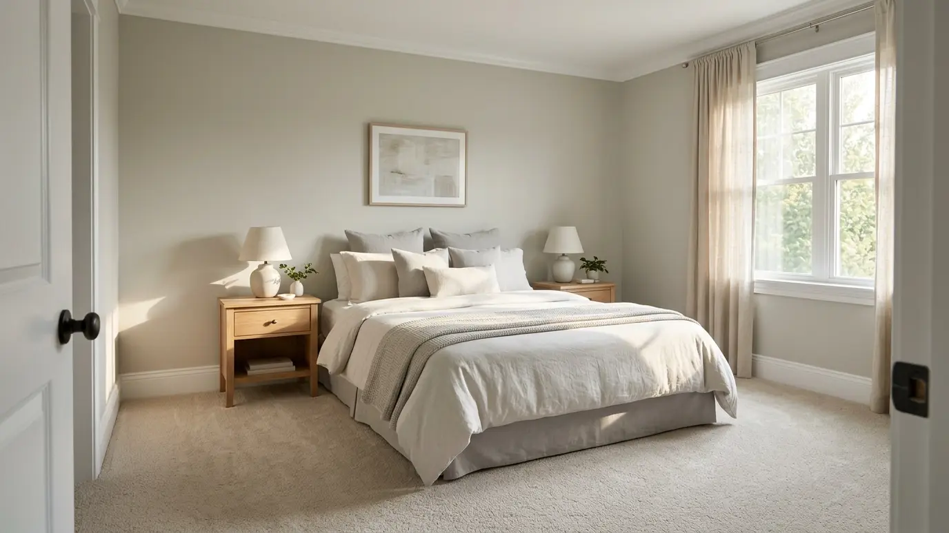 Rebuild and finish A finished restored bedroom with fresh paint, new carpet and a made bed in soft morning light