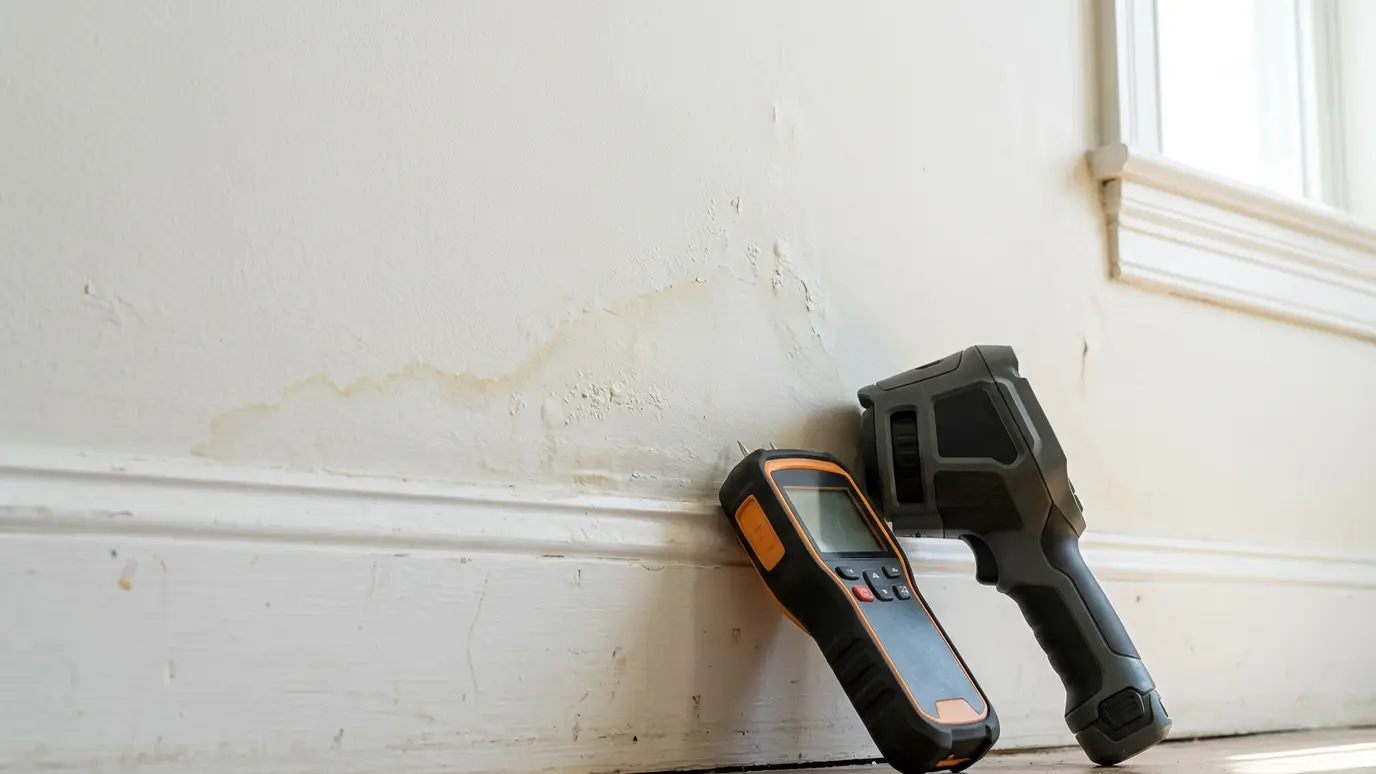 Assess and plan A moisture meter and a thermal imaging camera resting on a baseboard in front of a damp drywall wall