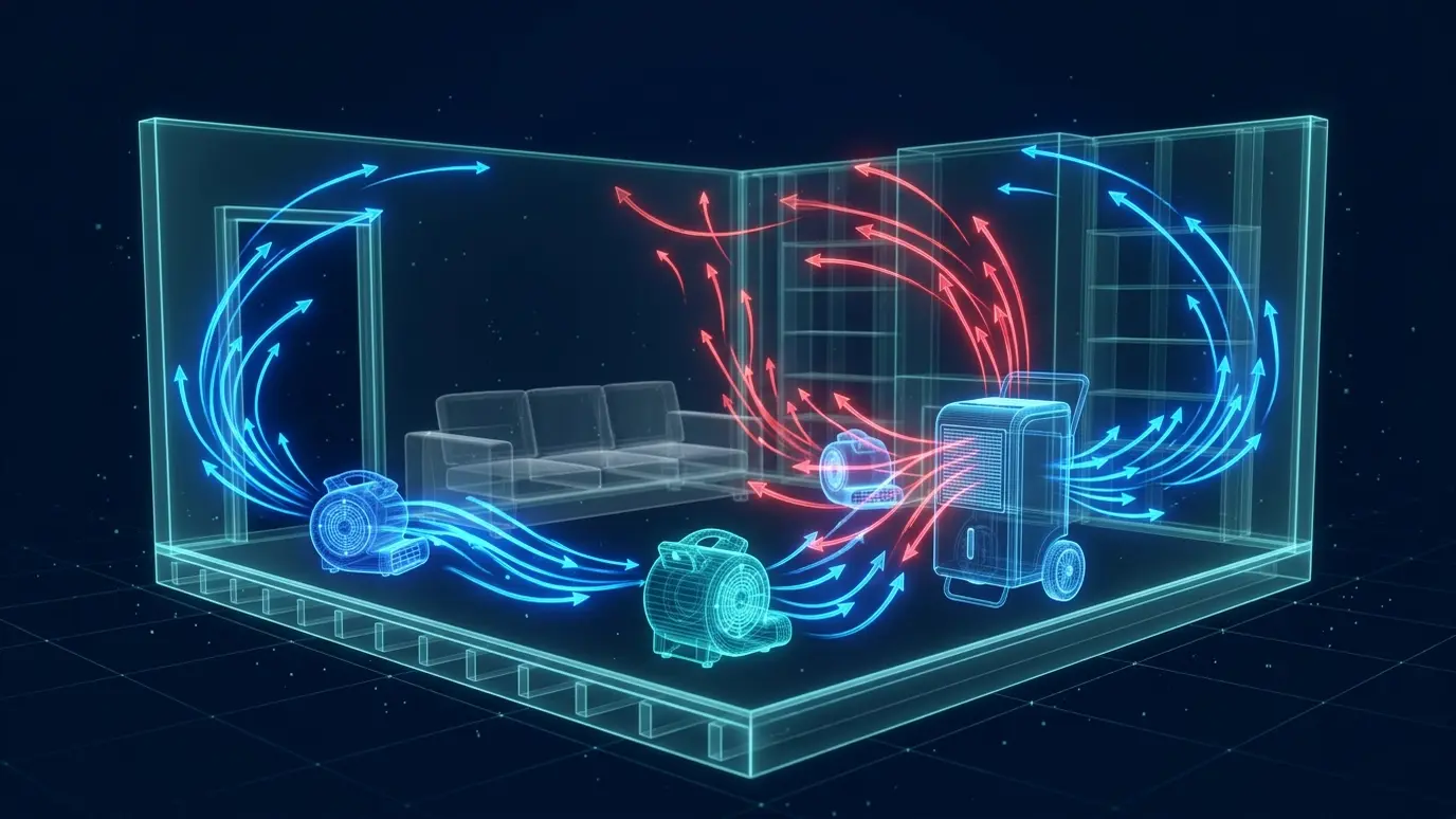 Restoration tools and calculators | Music City Remediation A glowing blueprint-style illustration of a room with air movers and a dehumidifier with airflow arrows in blue and red